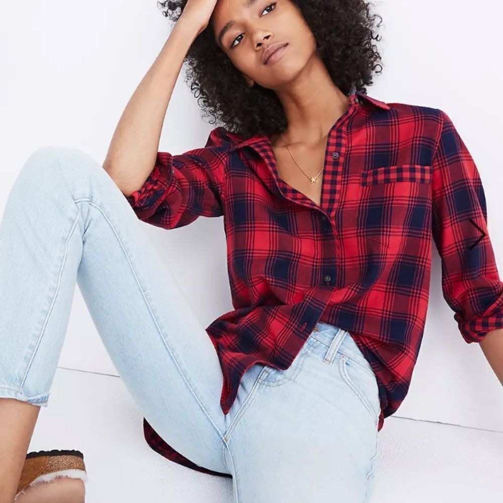 Madewell- Red & Blue Flannel Ex-Boyfriend Shirt in Albion Plaid